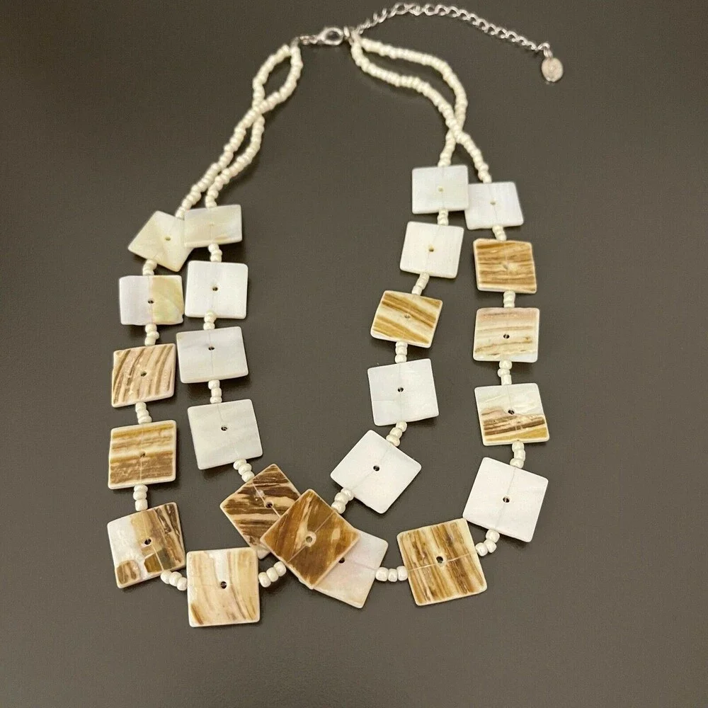 Claire's Brown‎ White Square Shell Beaded Multicolor Silver-tone Necklace NWOT